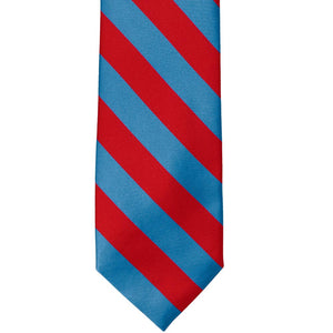 The front of a red and blue striped tie, laid out flat