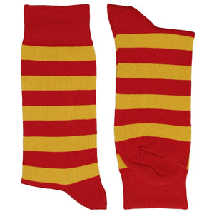 Pair of men's red and gold striped socks, horizontal stripes
