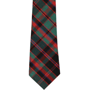 The front of a red and green plaid tie