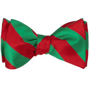 A tied red and green striped self-tie bow tie