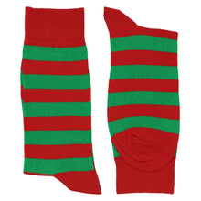 Load image into Gallery viewer, Folded pair of men&#39;s red and green striped socks, horizontal stripes
