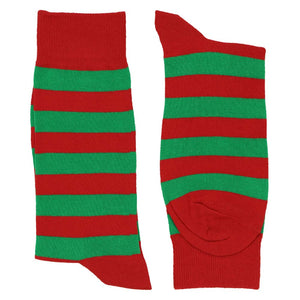Folded pair of men's red and green striped socks, horizontal stripes
