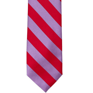 The front of a red and lavender striped tie, laid out flat