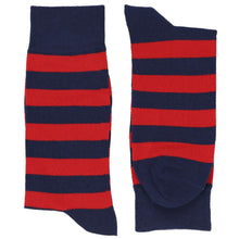 Load image into Gallery viewer, Pair of men&#39;s red and navy blue striped dress socks