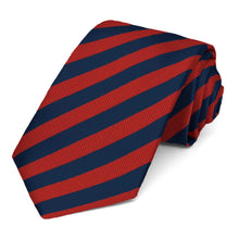 Load image into Gallery viewer, Red and Navy Blue Formal Striped Tie rolled view