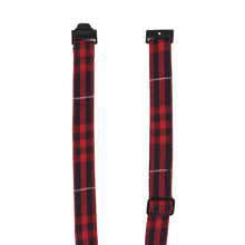 Load image into Gallery viewer, A closeup of the breakaway band collar on a red and navy blue plaid tie