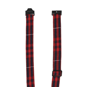 A closeup of the breakaway band collar on a red and navy blue plaid tie