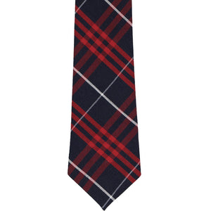 Front view of a red and navy blue plaid tie