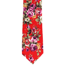 Load image into Gallery viewer, The front of a red and purple floral tie, laid out flat