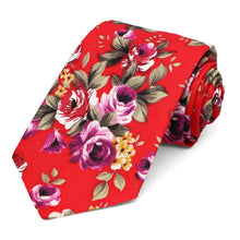Load image into Gallery viewer, A red and purple floral tie, rolled to show off the tip