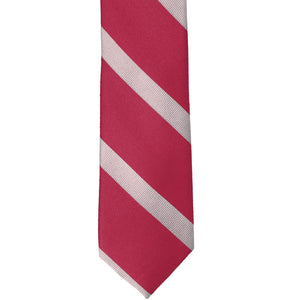 Front view of a ruby red striped slim tie with silver ribbed stripes