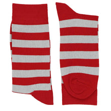 Load image into Gallery viewer, Pair of men&#39;s red and silver striped crew socks