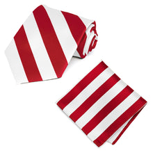 Load image into Gallery viewer, Red and White Striped Tie and Pocket Square Set