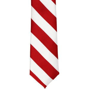 The front of a red and white striped tie, laid out flat