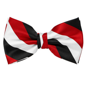 A black, red and white striped bow tie