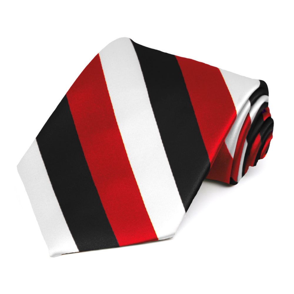 Red, black and white striped tie