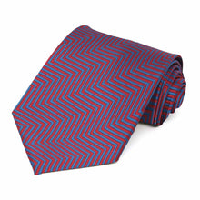 Load image into Gallery viewer, Red and blue chevron striped tie, rolled to show pattern up close