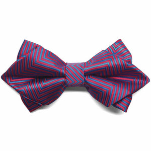 Front view of a red and blue chevron pattern diamond tip bow tie