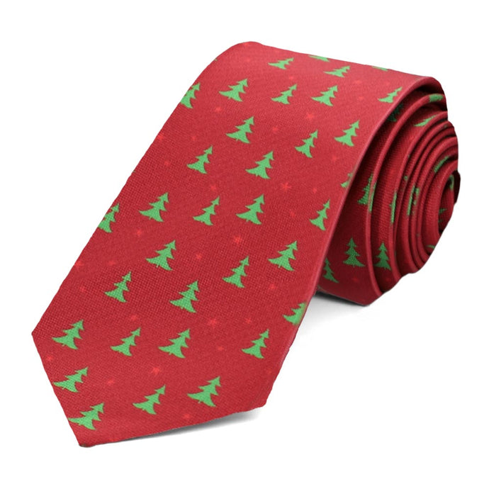 The front view of a red slim tie with a Christmas tree pattern