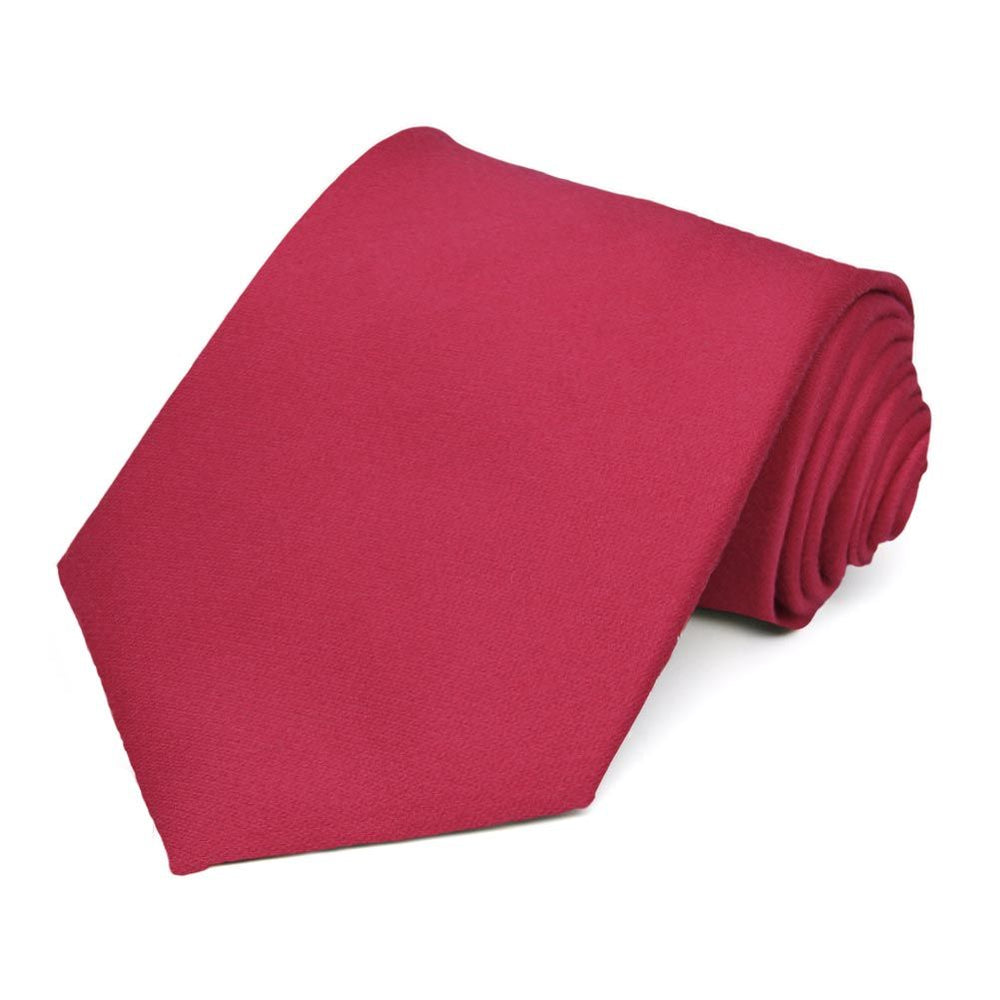 Solid red extra long tie, rolled to show fabric texture