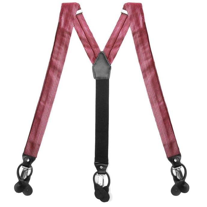 Red circle pattern suspenders, flat front view to show straps and clips