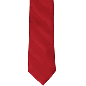 The front of a red elite striped tie, laid out flat