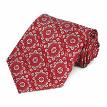 Load image into Gallery viewer, Rolled view of a red and white floral pattern extra long necktie