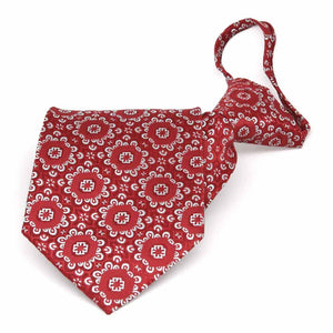 Folded front view of a red and white floral pattern zipper style tie