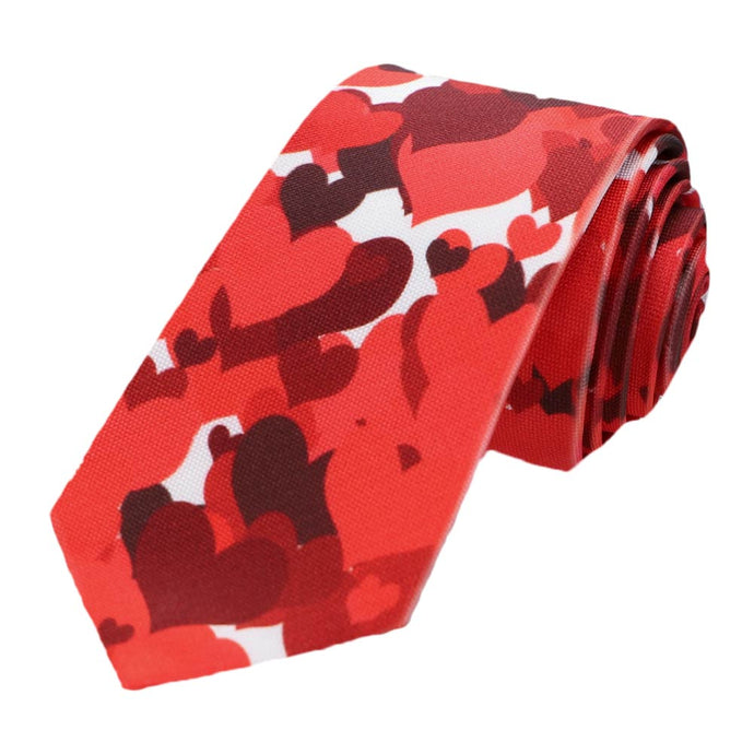 A rolled red and white heart themed necktie