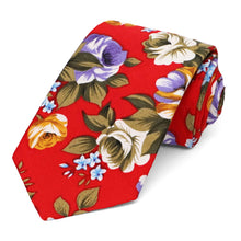 Load image into Gallery viewer, Red floral narrow tie, rolled to show pattern