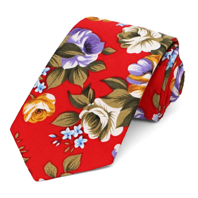 Red floral narrow tie, rolled to show pattern