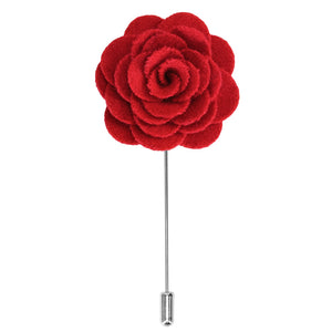 A red matte flower lapel pin with a silver tone pin