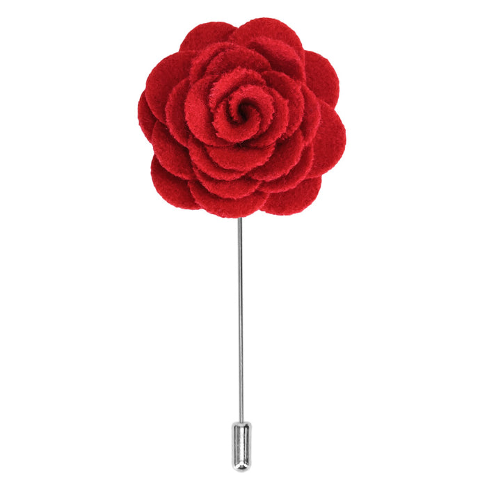 A red matte flower lapel pin with a silver tone pin