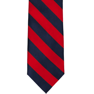 Front view red and navy blue striped necktie