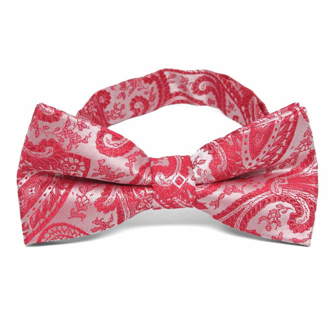 Red paisley bow tie, close up front view to show pattern