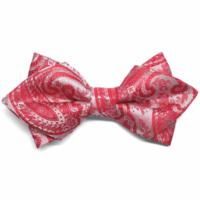 Red paisley diamond tip bow tie, close up front view to show pattern
