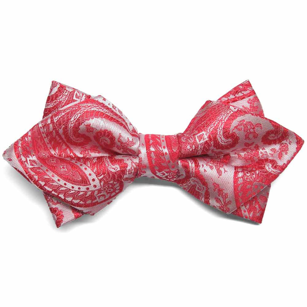 Red paisley diamond tip bow tie, close up front view to show pattern
