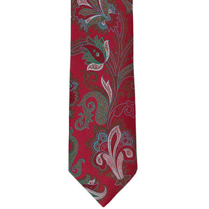 Flat front view of a crimson red paisley tie