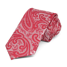Load image into Gallery viewer, Red paisley slim necktie, rolled to show texture up close