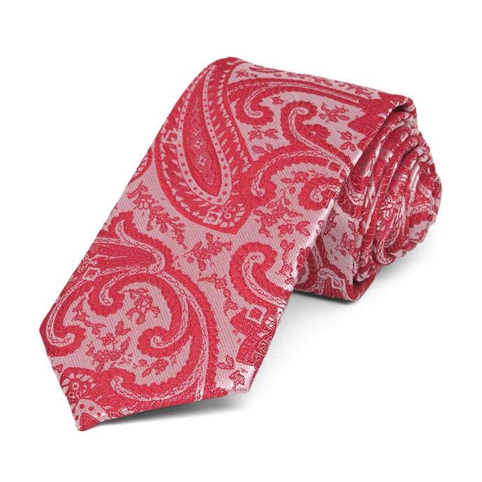 Red paisley slim necktie, rolled to show texture up close