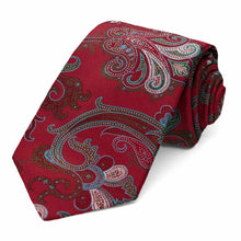 Load image into Gallery viewer, A crimson red paisley tie, rolled view