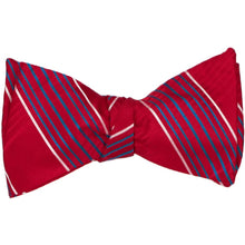 Load image into Gallery viewer, A red plaid self-tie bow tie, tied