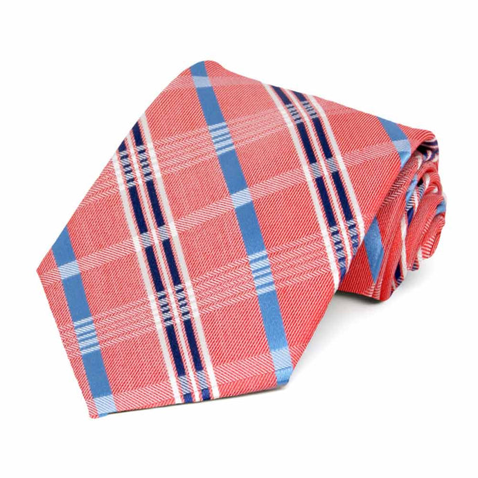 Light red white and blue plaid necktie rolled to show off pattern and texture