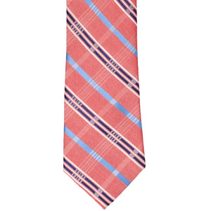 The front of a red silk tie with blue details