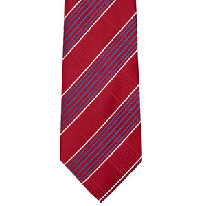 Flat front view of a red and blue plaid extra long necktie