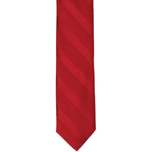 The front of a red tone-on-tone striped tie, laid out flat