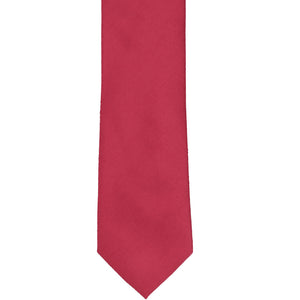 The front of a red slim tie made from a matte cotton