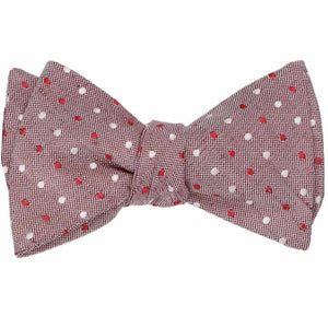 Red dotted self-tie bow tie, tied