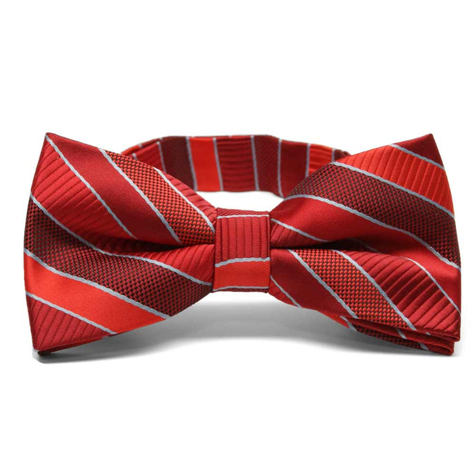Front view of a red and silver striped bow tie
