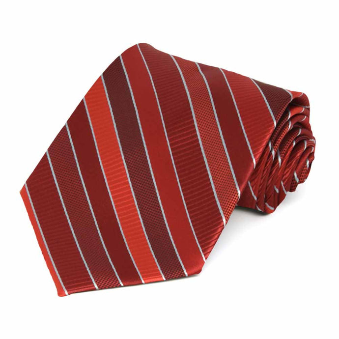 Rolled view of a red and silver striped extra long necktie